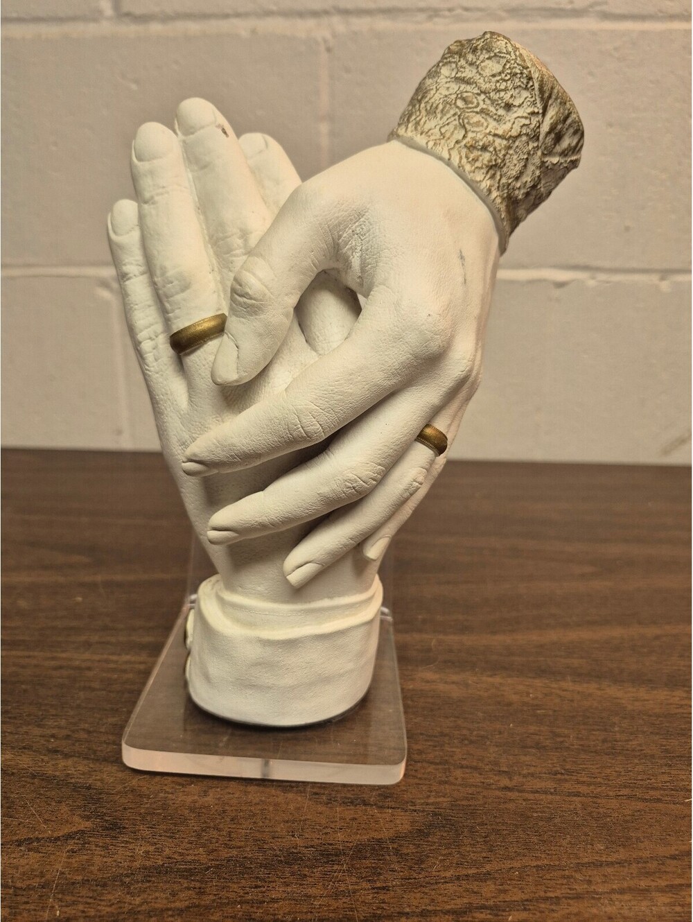 Austin Signed White Ceramic Sculpture of Hands with Acrylic Stand